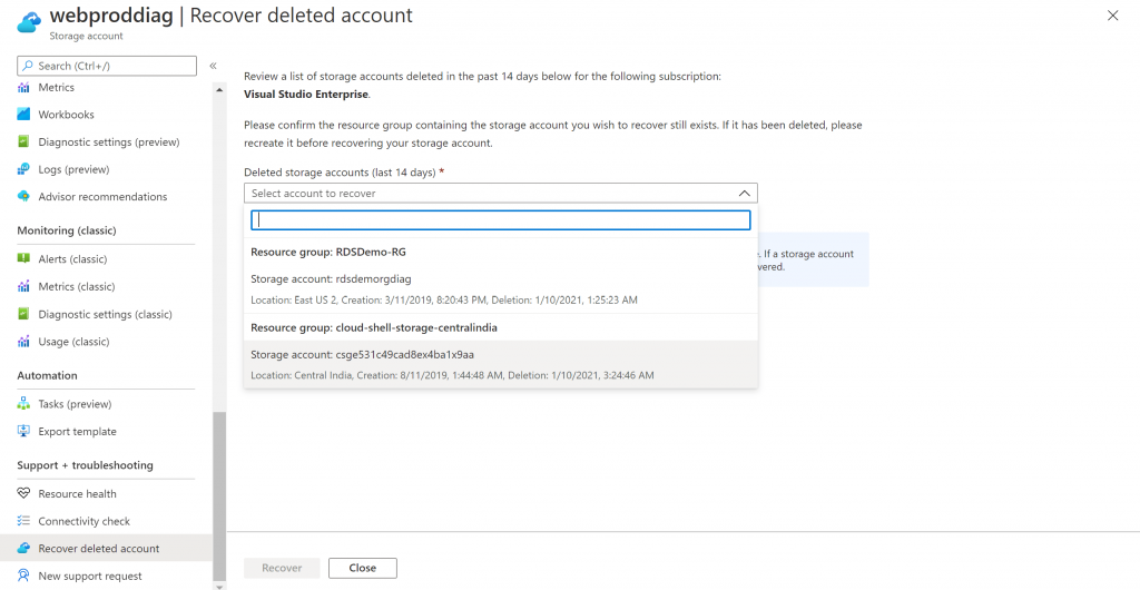 azure storage account, recover deleted azure storage account